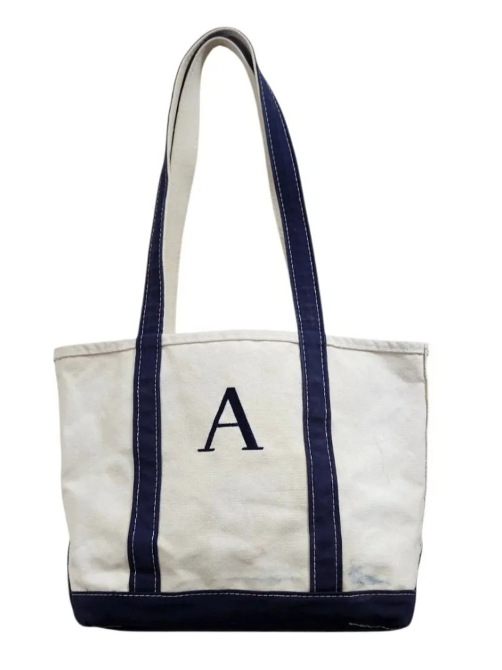 L.L.Bean Boat and Tote Canvas Bag Navy Natural Monogram A Made in USA